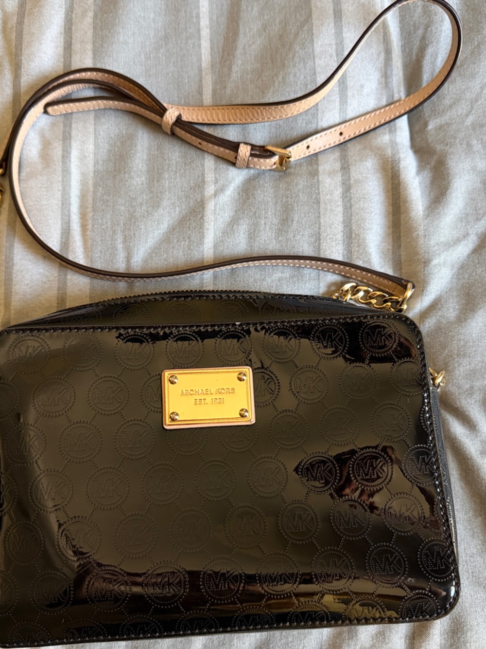 Michael Kors Black Patent Crossbody with Gold Plaque & Chain Strap